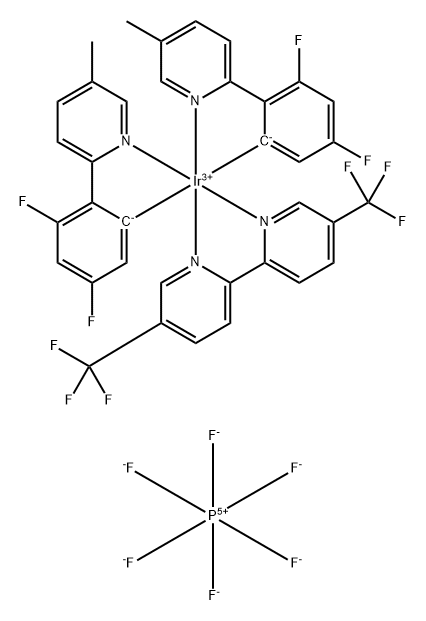 Iridium(1+), [5,5'-bis(trifluoromethyl)-2,2'-bipyridine-κN1,κN1']bis[3,5-difluoro-2-(5-methyl-2-pyridinyl-κN)phenyl-κC]-, (OC-6-33)-, hexafluorophosphate(1-) (1:1) Struktur