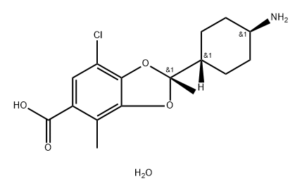 1,3-Benzodioxole-5-carboxylic acid, 2-(trans-4-aminocyclohexyl)-7-chloro-2,4-dimethyl-, hydrate (1:3), (2R)- Struktur