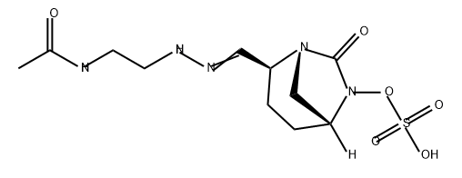 (2S,5R)-2-(N-(2-acetamidoethyl)carbamimidoyl)-7-oxo-1,6-diazabicyclo[3.2.1]octan-6-yl hydrogensulfate 化学構造式