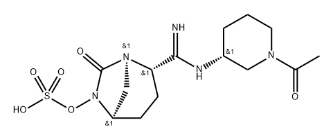 (2S,5R)-2-(N-((R)-1-acetylpiperidin-3-yl)carbamimidoyl)-7-oxo-1,6-diazabicyclo[3.2.1]octan-6-yl hydrogensulfate 化学構造式