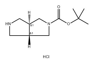 Pyrrolo[3,4-c]pyrrole-2(1H)-carboxylic acid, hexahydro-, 1,1-dimethylethyl ester, hydrochloride (1:1), (3aR,6aR)-rel- 化学構造式