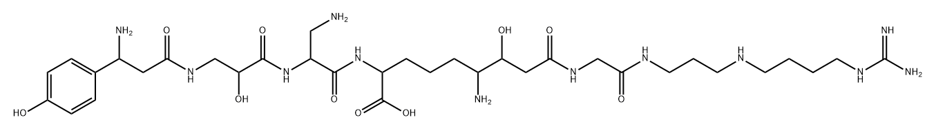Glycinamide, N8-[(3S)-3-(4-hydroxyphenyl)-β-alanyl-(3S)-2-hydroxy-β-alanyl-3-amino-L-alanyl]-(3R,4S,8R)-4,8-diamino-8-carboxy-3-hydroxyoctanoyl-N-[3-[[4-[(aminoiminomethyl)amino]butyl]amino]propyl]- Struktur
