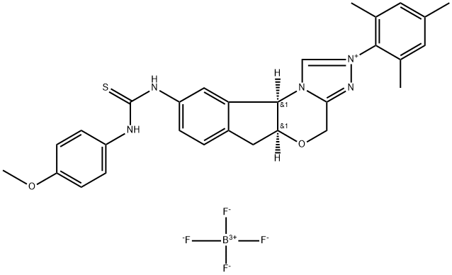 4H,6H-Indeno[2,1-b][1,2,4]triazolo[4,3-d][1,4]oxazinium, 5a,10b-dihydro-9-[[[(4-methoxyphenyl)amino]thioxomethyl]amino]-2-(2,4,6-trimethylphenyl)-, (5aS,10bR)-, tetrafluoroborate(1-) (1:1) 结构式