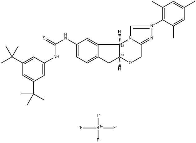 4H,6H-Indeno[2,1-b][1,2,4]triazolo[4,3-d][1,4]oxazinium, 9-[[[[3,5-bis(1,1-dimethylethyl)phenyl]amino]thioxomethyl]amino]-5a,10b-dihydro-2-(2,4,6-trimethylphenyl)-, (5aS,10bR)-, tetrafluoroborate(1-) (1:1) Structure