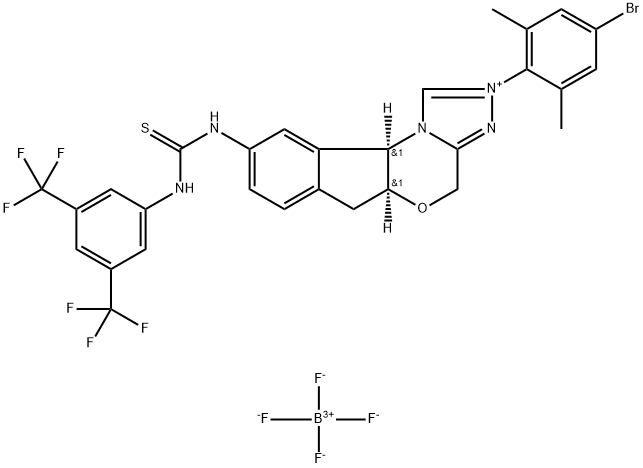 4H,6H-Indeno[2,1-b][1,2,4]triazolo[4,3-d][1,4]oxazinium, 9-[[[[3,5-bis(trifluoromethyl)phenyl]amino]thioxomethyl]amino]-2-(4-bromo-2,6-dimethylphenyl)-5a,10b-dihydro-, (5aS,10bR)-, tetrafluoroborate(1-) (1:1),2766874-53-5,结构式