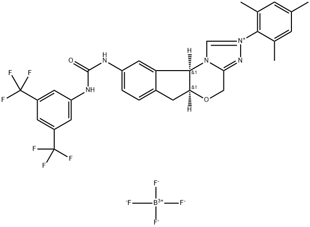 4H,6H-Indeno[2,1-b][1,2,4]triazolo[4,3-d][1,4]oxazinium, 9-[[[[3,5-bis(trifluoromethyl)phenyl]amino]carbonyl]amino]-5a,10b-dihydro-2-(2,4,6-trimethylphenyl)-, (5aS,10bR)-, tetrafluoroborate(1-) (1:1) Structure