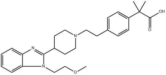 Benzeneacetic acid, 4-[2-[4-[1-(2-methoxyethyl)-1H-benzimidazol-2-yl]-1-piperidinyl]ethyl]-α,α-dimethyl- 化学構造式