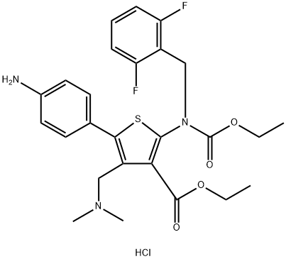 3-Thiophenecarboxylic acid, 5-(4-aminophenyl)-2-[[(2,6-difluorophenyl)methyl](ethoxycarbonyl)amino]-4-[(dimethylamino)methyl]-, ethyl ester, hydrochloride (1:2) Structure