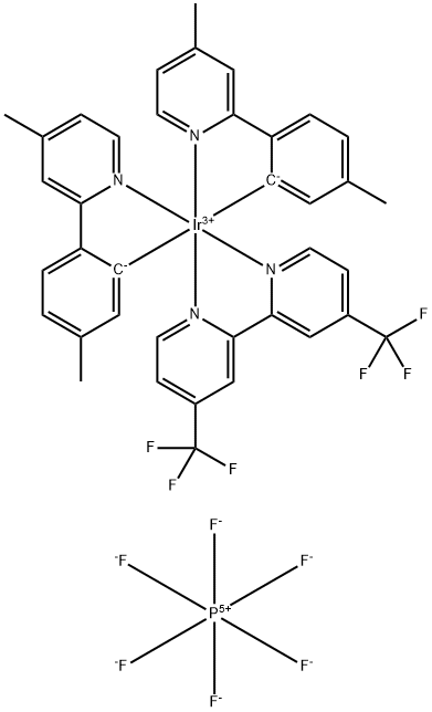 Bis[4-methyl-2-p-tolylpyridine][4,4'-bis(trifluoromethyl)-2,2'-bipyridine] iridium(III) hexafluorophosphate Struktur