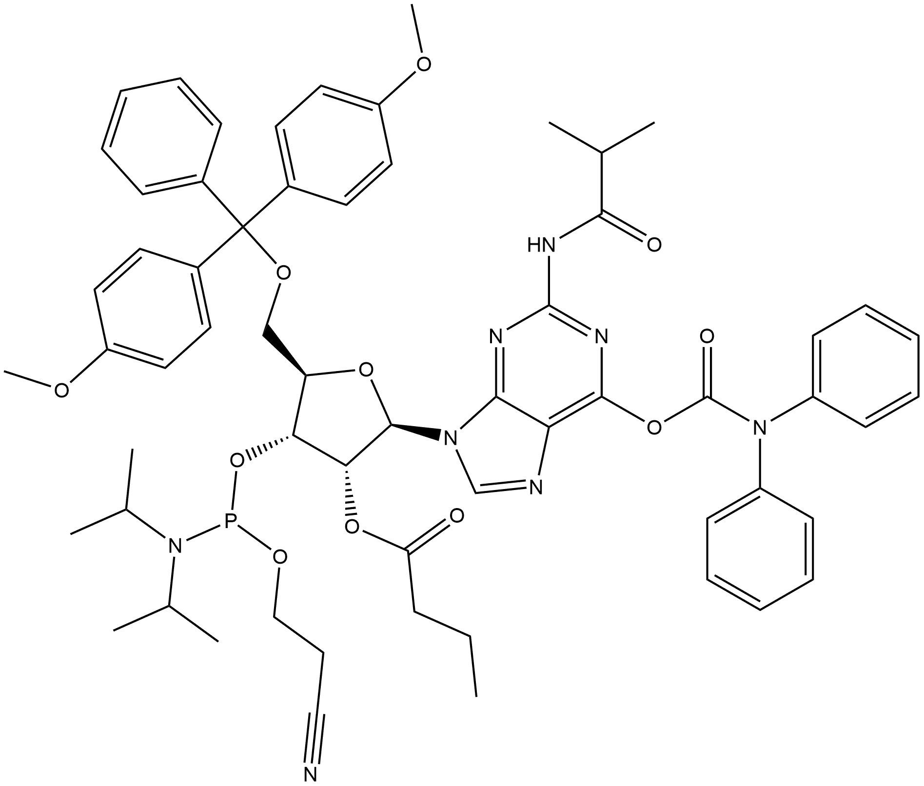 Guanosine, 5′-O-[bis(4-methoxyphenyl)phenylmethyl]-N-(2-methyl-1-oxopropyl)-, 2′-butanoate 3′-[2-cyanoethyl N,N-bis(1-methylethyl)phosphoramidite] 6-(N,N-diphenylcarbamate),278188-65-1,结构式