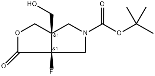 rel-tert-Butyl (3aR,6aS)-6a-fluoro-3a-(hydroxymethyl)-1-oxotetrahydro-1H-furo[3,4-c]pyrrole-5(3H)-carboxylate 化学構造式
