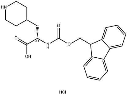 4-Piperidinepropanoic acid, α-[[(9H-fluoren-9-ylmethoxy)carbonyl]amino]-, hydrochloride (1:1), (αS)-,2803482-17-7,结构式