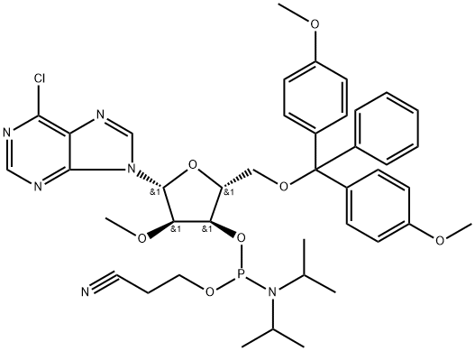 (2R,3R,4R,5R)-2-((Bis(4-methoxyphenyl)(phenyl)methoxy)methyl)-5-(6-chloro-9H-purin-9-yl)-4-methoxytetrahydrofuran-3-yl (2-cyanoethyl) diisopropylphosphoramidite Struktur