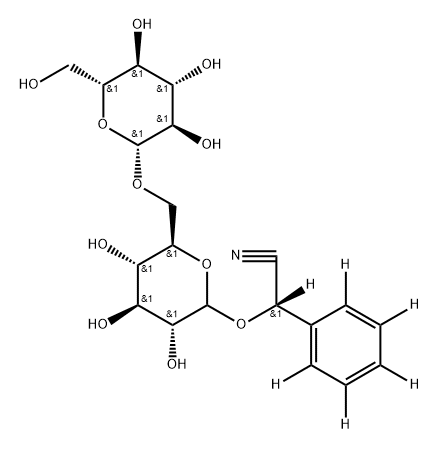 2-(phenyl-d5)-2-(((3R,4S,5S,6R)-3,4,5-trihydroxy-6-((((2R,3R,4S,5S,6R)-3,4,5-trihydroxy-6-(hydroxymethyl)tetrahydro-2H-pyran-2-yl)oxy)methyl)tetrahydro-2H-pyran-2-yl)oxy)acetonitrile-d 化学構造式