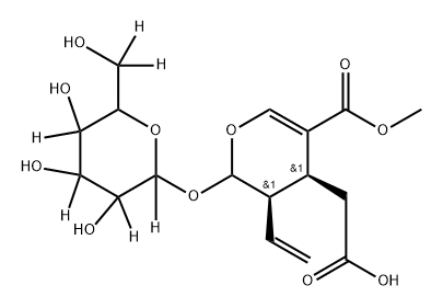 2-((3R,4S)-5-(methoxycarbonyl)-2-((3,4,5-trihydroxy-6-(hydroxymethyl-d2)tetrahydro-2H-pyran-2-yl-2,3,4,5-d4)oxy)-3-vinyl-3,4-dihydro-2H-pyran-4-yl)acetic acid 化学構造式