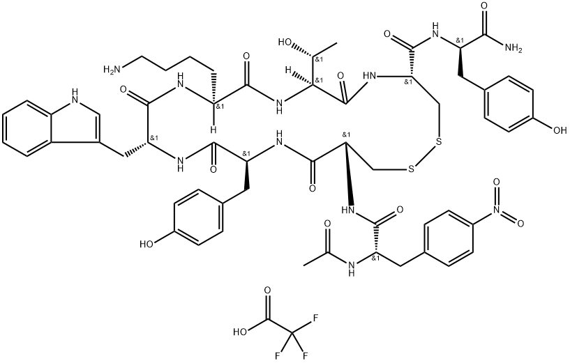 (4R,7S,10S,13R,16S,19S)-13-((1H-吲哚-3-基)甲基)-19-((S)-2-乙酰氨基-3-(4-硝基苯基)丙酰胺基)-N-((R)-1-氨基-3-(4-羟基苯基)-1-氧代丙烷-2-基)-10-(4-氨基丁基)-16-(4-羟基苄基)-7-((R)-1-羟乙基)-6,9,12,15,18-五氧代-1,2-二硫杂-5,8,11,14,17-五氮杂环二十烷-4-羧酰胺三氟乙酸盐,2828432-46-6,结构式