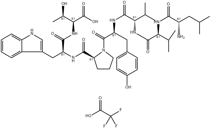 (2S,3R)-2-((S)-2-((S)-1-((S)-2-((S)-2-((S)-2-((S)-2-氨基-4-甲基戊酰胺基)-3-甲基丁酰胺基)-3-甲基丁酰胺基)-3-(4-羟基苯基)丙酰基)吡咯烷-2-甲酰胺基)-3-(1H-吲哚-3-基)丙酰胺基)-3-羟基丁酸三氟乙酸盐, 2828433-21-0, 结构式