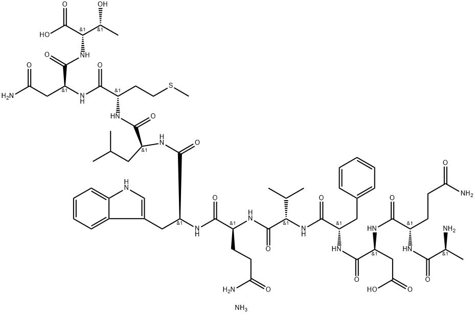 (2S,5S,8S,11S,14S,17S,20S,23S,26S)-14-((1H-吲哚-3-基)甲基)-26-((S)-5-氨基-2-(( S)-2-氨基丙酰胺基)-5-氧代戊酰胺基)-5-(2-氨基-2-氧代乙基)-17-(3-氨基-3-氧代丙基)-23-苄基-2-((R)-1- 羟乙基)-11-异丁基-20-异丙基-8-(2-(甲硫基)乙基)-4,7,10,13,16,19,22,25-八氧代-3,6,9,12,15,18,21,24-八氮杂二十八烷-1,28-二酸 铵盐, 2828433-38-9, 结构式