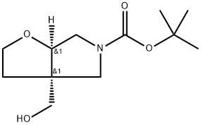 5H-Furo[2,3-c]pyrrole-5-carboxylic acid, hexahydro-3a-(hydroxymethyl)-, 1,1-dimethylethyl ester, (3aR,6aR)-rel- Struktur