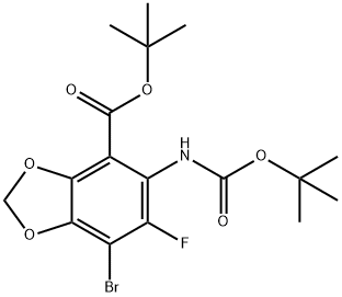 tert-Butyl 7-bromo-5-((tert-butoxycarbonyl)amino)-6-fluorobenzo[d][1,3]dioxole-4-carboxylate 化学構造式