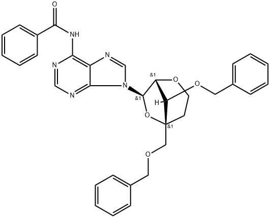 Benzamide, N-?[9-?[2,?6-?anhydro-?5-?deoxy-?4-?C-?[(phenylmethoxy)?methyl]?-?3-?O-?(phenylmethyl)?-?α-?L-?lyxo-?hexofuranosyl]?-?9H-?purin-?6-?yl]?-,287737-41-1,结构式