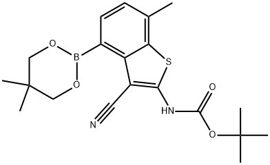 tert-Butyl (3-cyano-4-(5,5-dimethyl-1,3,2-dioxaborinan-2-yl)-7-methylbenzo[b]thiophen-2-yl)carbamate Struktur