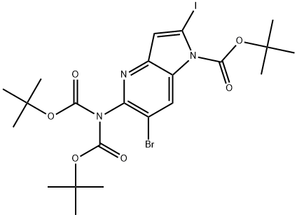 tert-Butyl 5-(bis(tert-butoxycarbonyl)amino)-6-bromo-2-iodo-1H-pyrrolo[3,2-b]pyridine-1-carboxylate 化学構造式