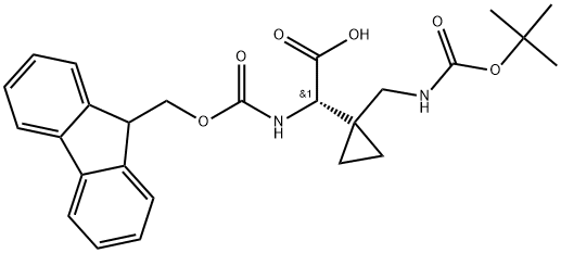 (S)-2-((((9H-Fluoren-9-yl)methoxy)carbonyl)amino)-2-(1-(((tert-butoxycarbonyl)amino)methyl)cyclopropyl)acetic acid 化学構造式