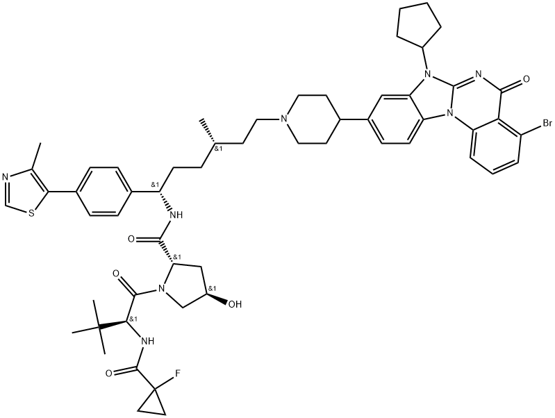 2913161-19-8 (2S,4R)-N-((1S,4S)-6-(4-(4-溴-7-环戊基-5-氧代-5,7-二氢苯并[4,5]咪唑并[1,2-A]喹唑啉-9-基)哌啶-1-基)-4-甲基-1-(4-(4-甲基噻唑-5-基)苯基)己基)-1-((S)-2-(1-氟环丙烷-1-甲酰胺基)-3,3-二甲基丁酰基)-4-羟基吡咯烷-2-甲酰胺