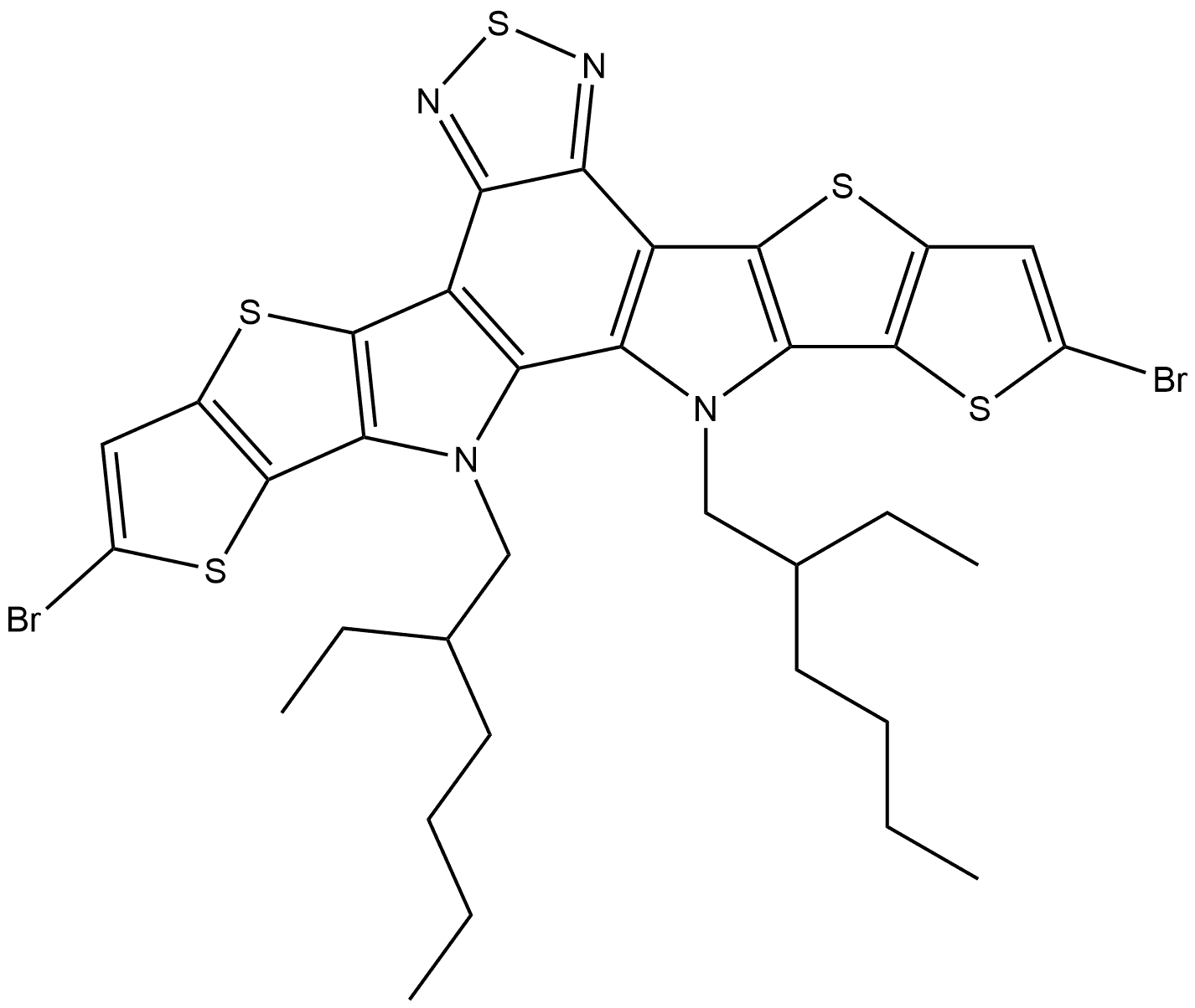 2,10-dibromo-12,13-bis(2-ethylhexyl)-12,13-dihydro-[1,2,5]thiadiazolo[3,4-e]thieno[2'',3'':4',5']thieno[2',3':4,5]pyrrolo[3,2-g]thieno[2',3':4,5]thieno[3,2-b]indole Struktur