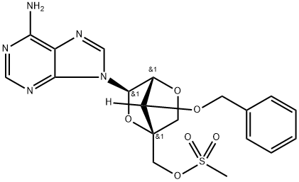 9H-Purin-6-amine, 9-[2,5-anhydro-4-C-[[(methylsulfonyl)oxy]methyl]-3-O-(phenylmethyl)-α-L-lyxofuranosyl]- Structure