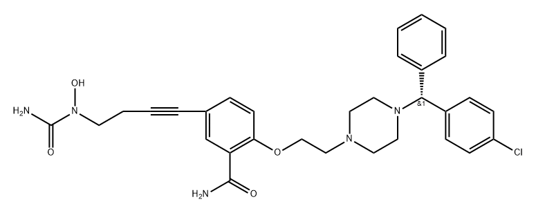 Benzamide, 5-[4-[(aminocarbonyl)hydroxyamino]-1-butyn-1-yl]-2-[2-[4-[(R)-(4-chlorophenyl)phenylmethyl]-1-piperazinyl]ethoxy]- 化学構造式
