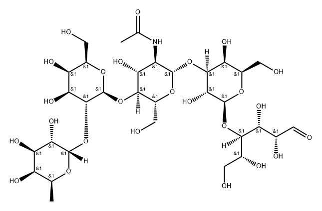 O-6-脱氧-ALPHA-L-吡喃半乳糖基-(1-2)-O-BETA-D-吡喃半乳糖基-(1-4)-O-2-(乙酰氨基)-2-脱氧-BETA-D-吡喃葡萄糖基-(1-3)-O-BETA-D-吡喃半乳糖基-(1-4)-D-葡萄糖,30517-76-1,结构式