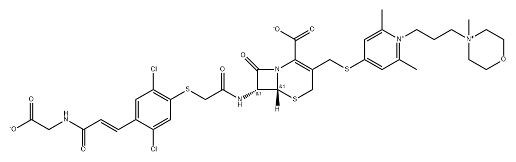 3-[[1-[3-(4-メチルモルホリニウム-4-イル)プロピル]-2,6-ジメチルピリジニウム-4-イル]チオメチル]-7-[4-[3-(カルボキシメチルアミノ)-1-プロペニル]-2,5-ジクロロフェニルチオ]アセチルアミノセファム-3-エン-4-カルボン酸 化学構造式
