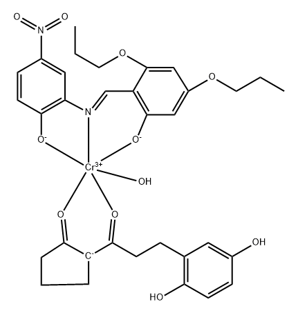 aqua[2-[3-(2,5-dihydroxyphenyl)-1-oxopropyl]cyclopentanonato][2-[[(2-hydroxy-5-nitrophenyl)imino]methyl]-3,5-dipropoxyphenolato(2-)]chromium 化学構造式