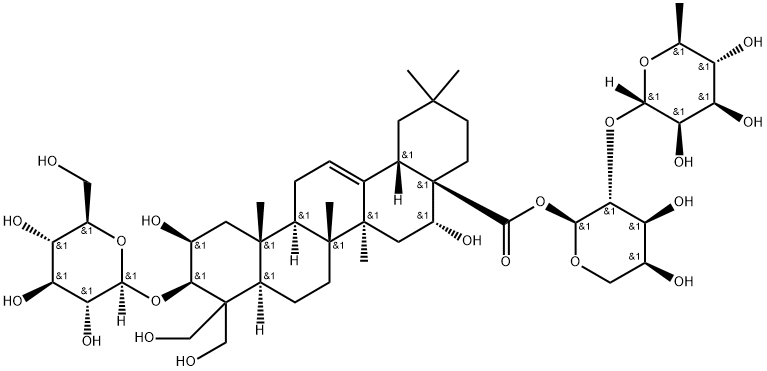 Olean-12-en-28-oic acid, 3-(β-D-glucopyranosyloxy)-2,16,23,24-tetrahydroxy-, 2-O-(6-deoxy-α-L-mannopyranosyl)-α-L-arabinopyranosyl ester, (2β,3β,16α)- Struktur