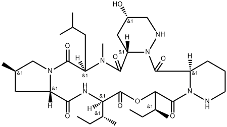 Cyclo[(3S,5S)-hexahydro-5-hydroxy-3-pyridazinecarbonyl-N-methyl-D-leucyl-(4R)-4-methyl-L-prolyl-D-isoleucyl-(2S,3S)-2-hydroxy-3-methylpentanoyl-(3R)-hexahydro-3-pyridazinecarbonyl] Structure