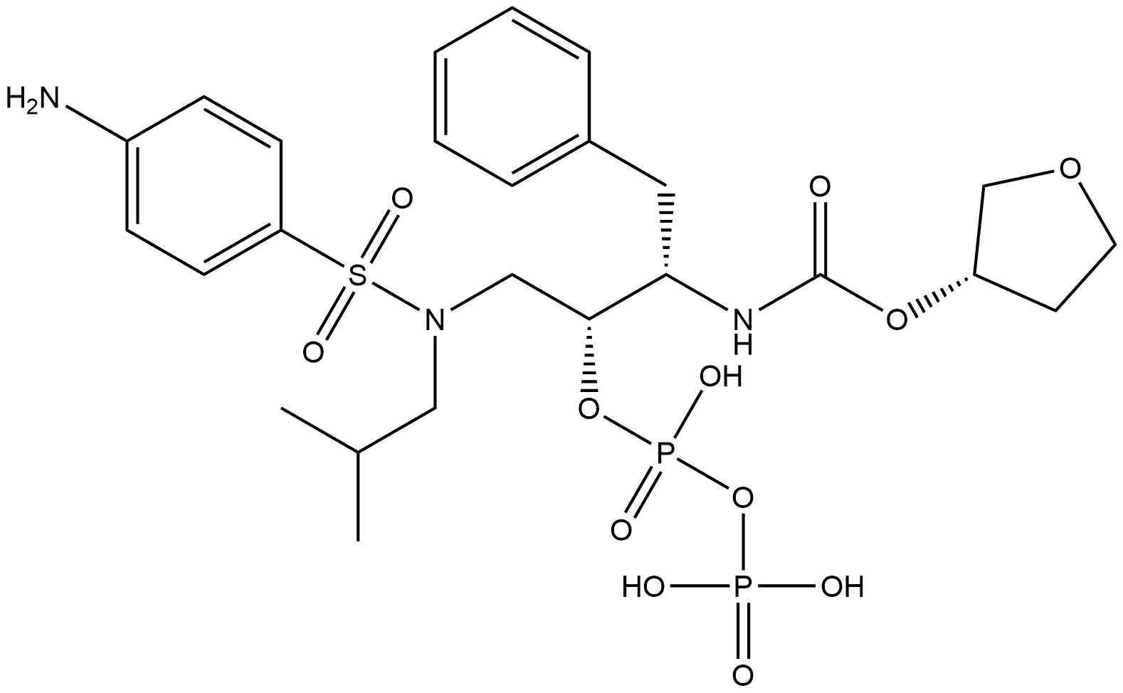 2,4-Dioxa-7-aza-1,3-diphosphaoctan-8-oic acid, 5-[[[(4-aminophenyl)sulfonyl](2-methylpropyl)amino]methyl]-1,1,3-trihydroxy-6-(phenylmethyl)-, (3S)-tetrahydro-3-furanyl ester, 1,3-dioxide, (5R,6S)- (9CI) Struktur