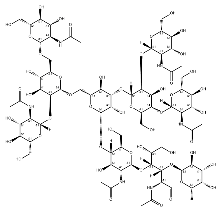 O-2-(Acetylamino)-2-deoxy-beta-D-glucopyranosyl-(1-2)-O-[2-(acetylamino)-2-deoxy-beta-D-glucopyranosyl-(1-4)]-O-alpha-D-mannopyranosyl-(1-3)-O-[O-2-(acetylamino)-2-deoxy-beta-D-glucopyranosyl-(1-2)-O-[2-(acetylamino)-2-deoxy-beta-D-glucopyranosyl-(1-6)]-alpha-D-mannopyranosyl-(1-6)]-O-beta-D-mannopyranosyl-(1-4)-O-2-(acetylamino)-2-deoxy-beta-D-glucopyranosyl-(1-4)-O-[6-deoxy-alpha-L-galactopyranosyl-(1-3)]-2-(acetylamino)-2-deoxy-D-glucose 化学構造式