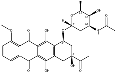 (8S,10S)-8-アセチル-10-[(3-アセチルアミノ-2,3,6-トリデオキシ-α-L-lyxo-ヘキソピラノシル)オキシ]-7,8,9,10-テトラヒドロ-6,8,11-トリヒドロキシ-1-メトキシ-5,12-ナフタセンジオン 化学構造式