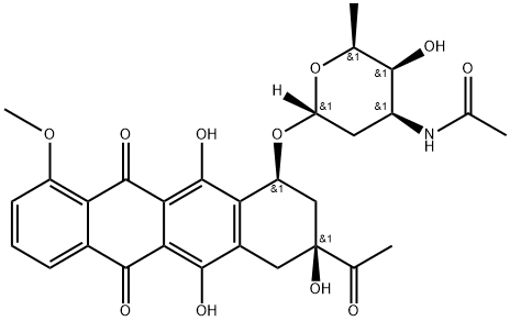 5,12-Naphthacenedione, 8-acetyl-10-3-(acetylamino)-2,3,6-trideoxy-.alpha.-L-lyxo-hexopyranosyloxy-7,8,9,10-tetrahydro-6,8,11-trihydroxy-1-methoxy-, (8S,10S)- Struktur