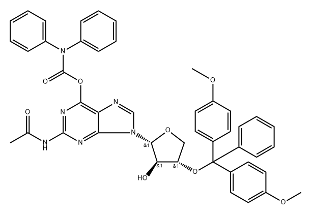 Carbamic acid, N,N-diphenyl-, 2-(acetylamino)-9-[(2R,3R,4S)-4-[bis(4-methoxyphenyl)phenylmethoxy]tetrahydro-3-hydroxy-2-furanyl]-9H-purin-6-yl ester Struktur