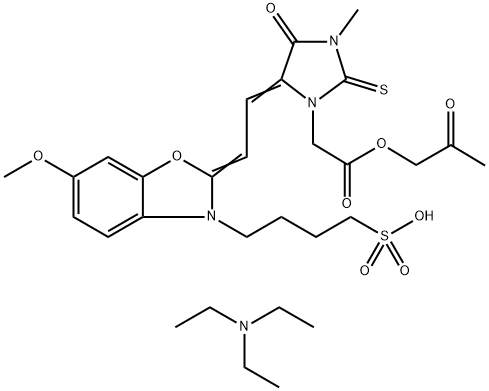 1-Imidazolidineacetic acid, 5-[[6-methoxy-3-(4-sulfobutyl)-2(3H)-benzoxazolylidene]ethylidene]-3-methyl-4-oxo-2-thioxo-, α-(2-oxopropyl) ester, compd. with N,N-diethylethanamine (1:1) (9CI) Structure