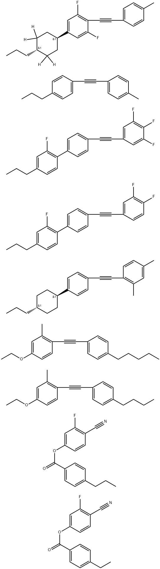 Benzoic acid, 4-ethyl-, 4-cyano-3-fluorophenyl ester, mixt. with 1-[(4-butylphenyl)ethynyl]-4-ethoxy-2-methylbenzene, 4-cyano-3-fluorophenyl 4-propylbenzoate, 1,3-difluoro-2-[(4-methylphenyl)ethynyl]-5-(trans-4-propylcyclohexyl-3,3,5,5-d4)benzene, 4′-[(3,4-difluorophenyl)ethynyl]-2-fluoro-4-propyl-1,1′-biphenyl, 2,4-dimethyl-1-[[4-(trans-4-propylcyclohexyl)phenyl]ethynyl]benzene, 4-ethoxy-2-methyl-1-[(4-pentylphenyl)ethynyl]benzene, 2-fluoro-4-propyl-4′-[(3,4,5-trifluorophenyl)ethynyl]-1,1′-biphenyl and 1-[(4-methylphenyl)ethynyl]-4-propylbenzene,329769-13-3,结构式