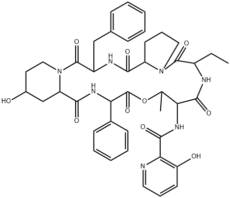 N-[(3-Hydroxy-2-pyridinyl)carbonyl]cyclo[L-Thr*-D-Abu-L-Pro-L-Phe-[(4R)-4-hydroxy-L-pipecoloyl]-L-phenyl Gly-],33477-38-2,结构式