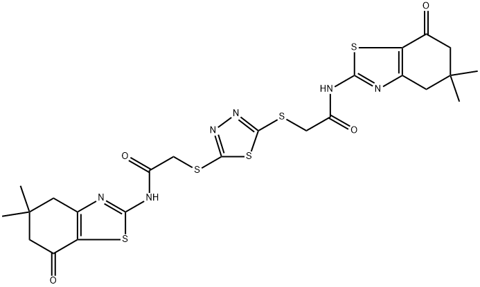 336179-77-2 N-(5,5-dimethyl-7-oxo-4,5,6,7-tetrahydro-1,3-benzothiazol-2-yl)-2-{[5-({2-[(5,5-dimethyl-7-oxo-4,5,6,7-tetrahydro-1,3-benzothiazol-2-yl)amino]-2-oxoethyl}sulfanyl)-1,3,4-thiadiazol-2-yl]sulfanyl}aceta
mide