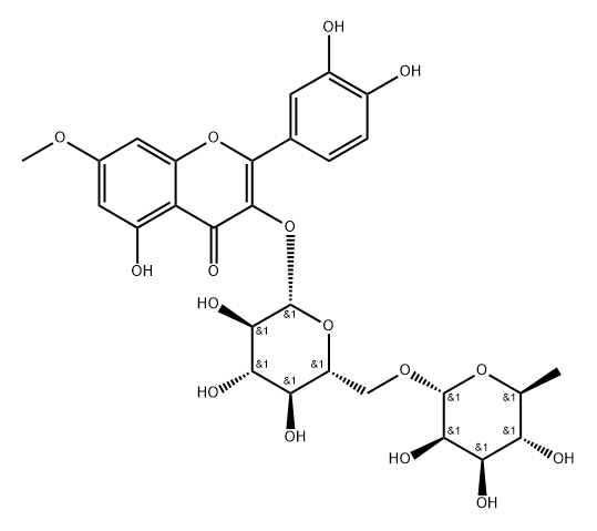 4H-1-Benzopyran-4-one, 3-[[6-O-(6-deoxy-α-L-mannopyranosyl)-β-D-glucopyranosyl]oxy]-2-(3,4-dihydroxyphenyl)-5-hydroxy-7-methoxy- Struktur