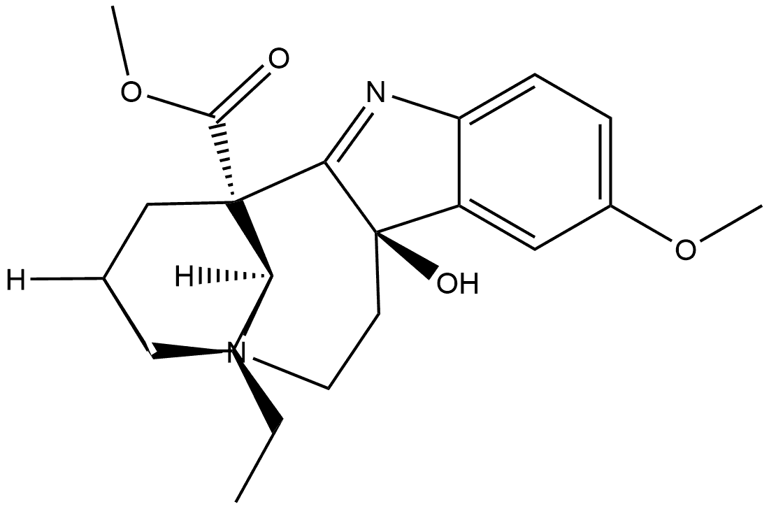 16,17-ジデヒドロ-9,17-ジヒドロ-9α-ヒドロキシ-12-メトキシイボガミン-18-カルボン酸メチル 化学構造式