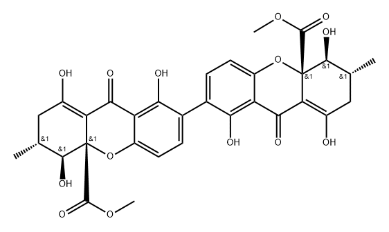 (3R,3'R,4S,4'S,4aS,4'aS)-2,2',3,3',4,4',9,9'-Octahydro-1,1',4,4',8,8'-hexahydroxy-3,3'-dimethyl-9,9'-dioxo-7,7'-bi(4aH-xanthene)-4a,4'a-dicarboxylic acid dimethyl ester 结构式