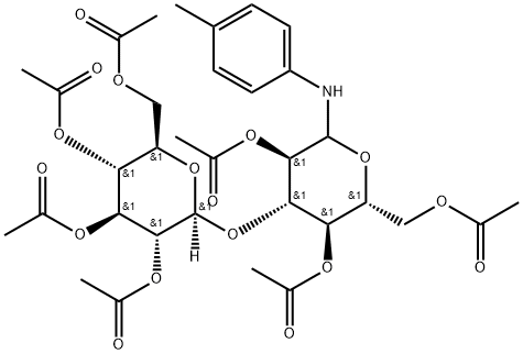 N-(4-メチルフェニル)-3-O-(2-O,3-O,4-O,6-O-テトラアセチル-β-D-グルコピラノシル)-2-O,4-O,6-O-トリアセチル-D-グルコピラノシルアミン 化学構造式